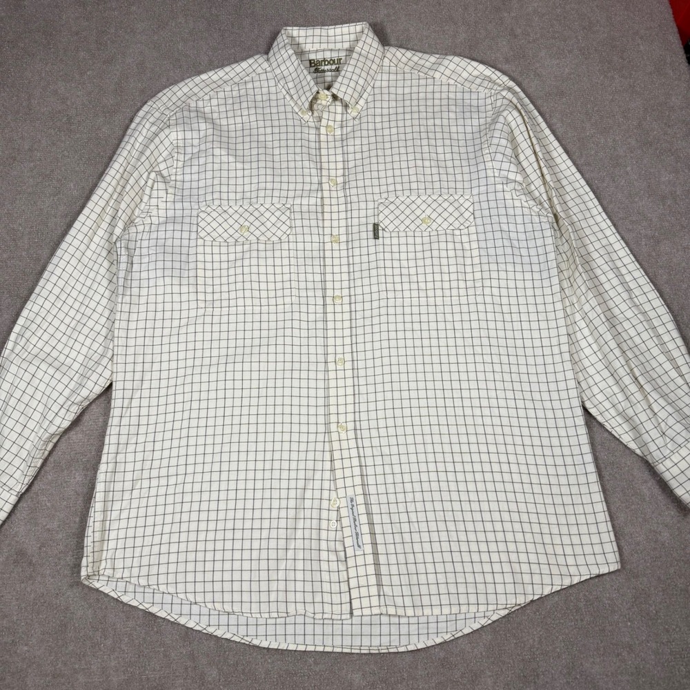 Barbour Men's Size M Tattersall Shirt Cream Olive Check Plaid Button Up Preppy